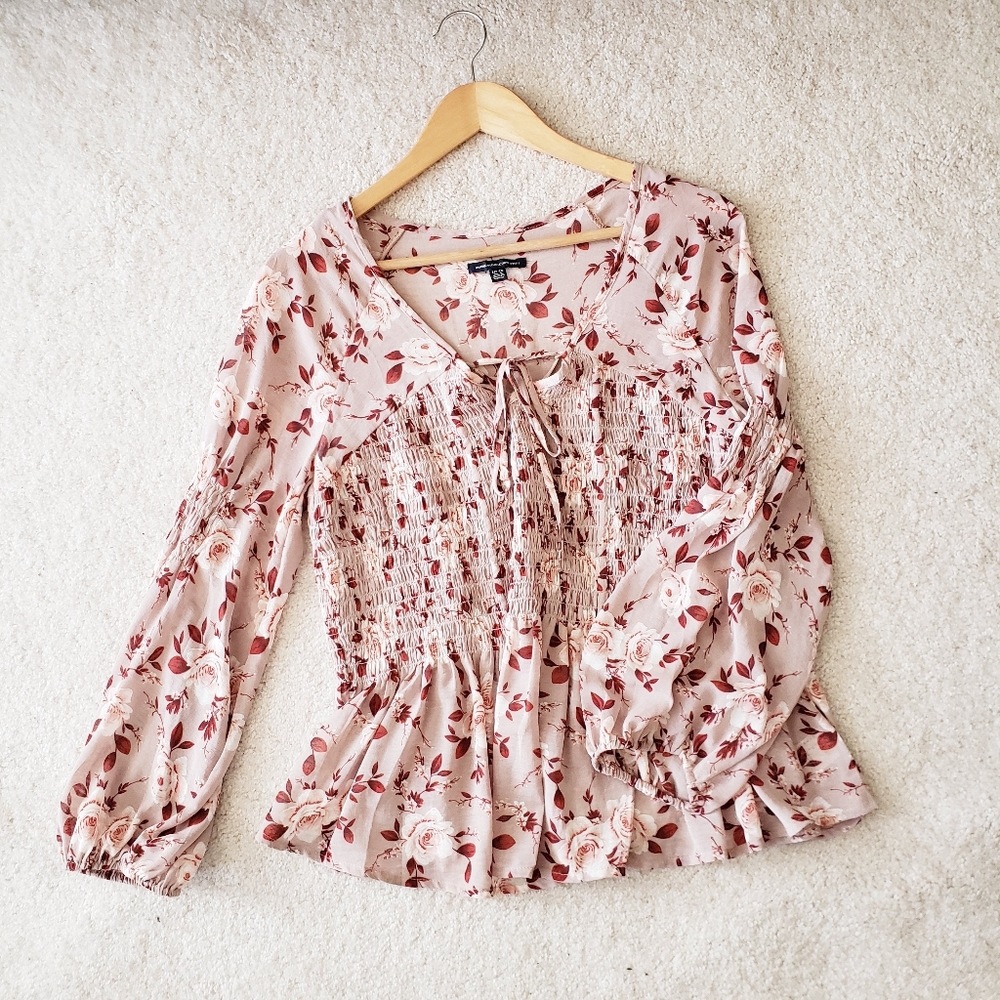 American Eagle Sheer Shirred Floral Blouse